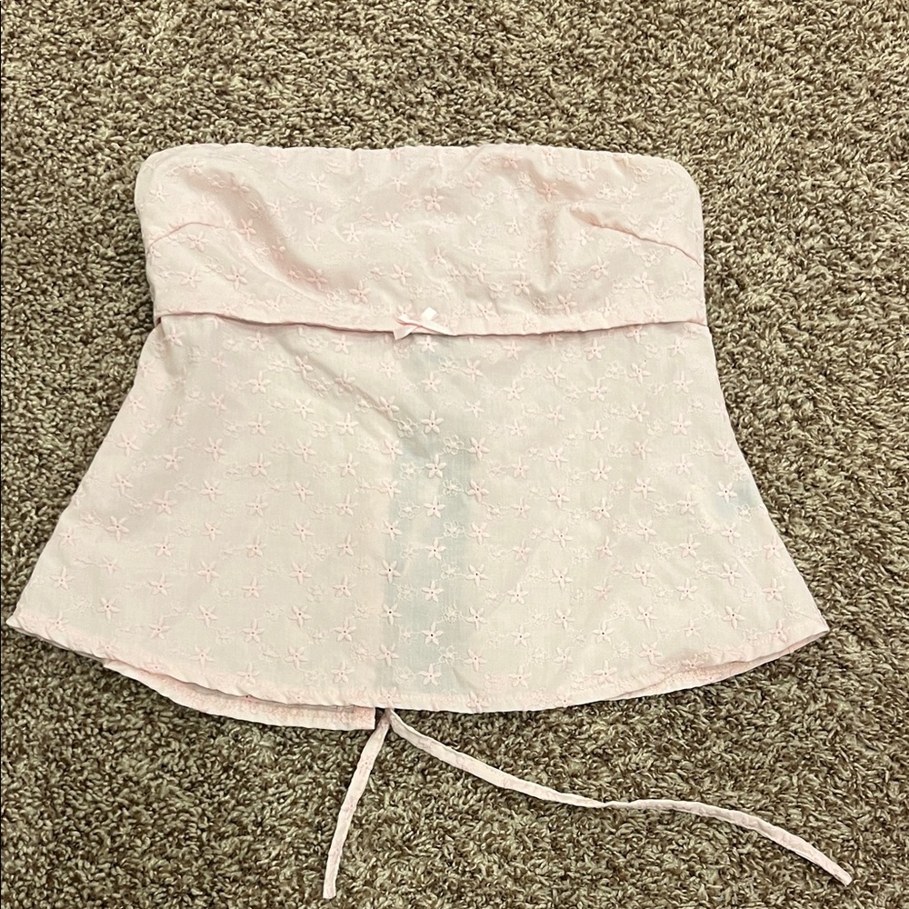 Pink Strapless Top with Embroidered Flowers